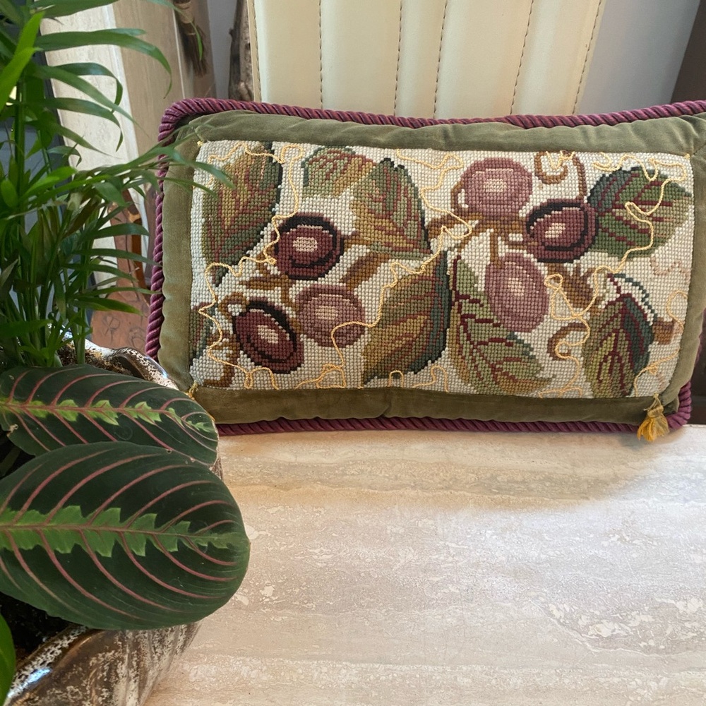 Vintage America Green and Brown Accent Pillow Olive branch  Needlepoint accent